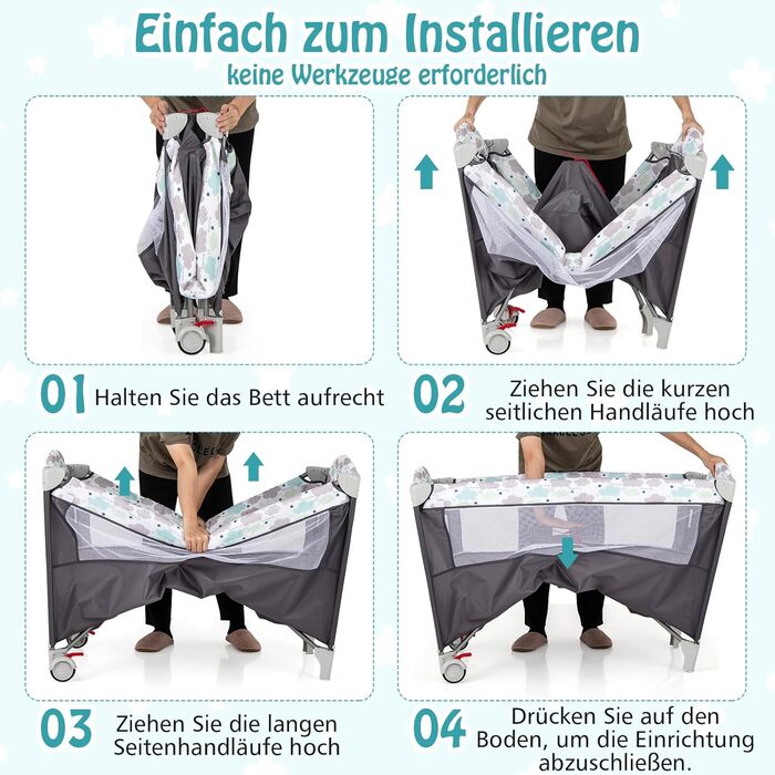 Дитяче ліжко-манежа Dreamade 120 x 60 см з колесами, 4 в 1: ліжко, манежа, пеленальний столик, туристичне ліжко для новонароджених (Сірий)