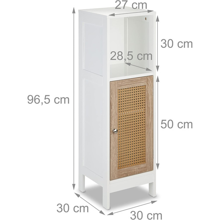 Тумба для ванної кімнати, 3 відділення, 96,5x30x30 см, вузька, дверцята з ротанга, біла/натуральна