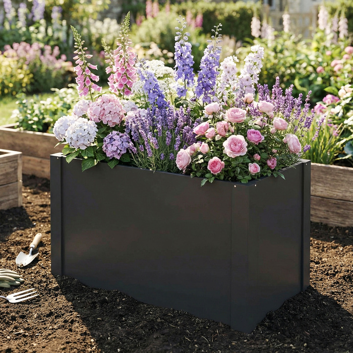 Підвищений грядка з відкритим дном, комплект з підсилюючими рейками та рукавичками, 102 x 52 x 55 см, Чорний