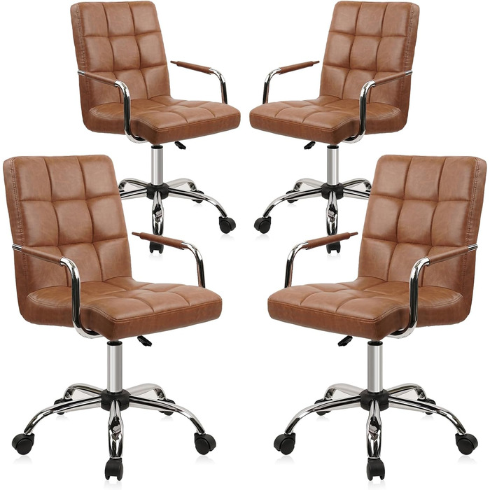 Офісний крісло Clatina з шкіри, на колесах, ергономічний, з середньою спинкою та підлокітниками, поворотне, регульоване по висоті, для дому, кабінету, 160 кг (Колір: Коричневий, Комплект: 4 шт.)