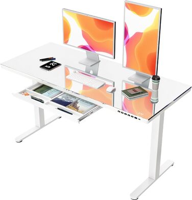 Регульований за висотою стіл JUMMICO, електричний стіл з ящиком, 120x60 см, стіл для стоячи/сидячи, Standing Desk для дому/офісу, білий (140 x 70 см, білий)