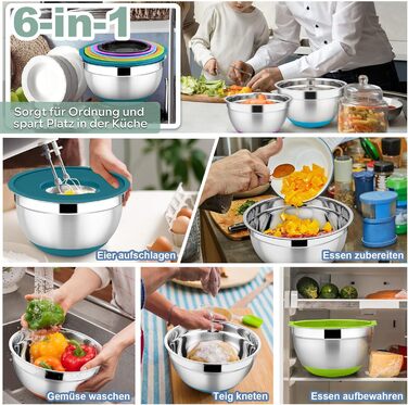Набір мисок HaWare 6 шт. з нержавіючої сталі, 6 мисок + 6 кришок + 3 тертки, об'єм 4.6/2.8/2.5/1.6/1.2/0.7л, з антиковзним силіконовим дном, для миття в посудомийній машині