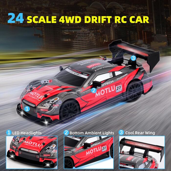 RC Дрифт-кар 1:24 4WD 2.4GHz, радіокерування, 2 батареї, LED, червоно-чорний, для дітей