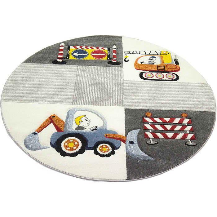Килим для ігор CARPETIA, дорожні знаки для дитячого майданчика, екскаваторний кран кремового сірого жовтого кольору (120 см круглий)