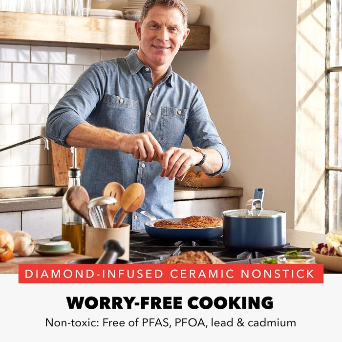 Набір сковорідок GreenPan x Bobby Flay, 20.3 см та 25.4 см, з антипригарним покриттям, без PFAS, кераміка з діамантами, для індукційних плит, силіконовий ручка, легко миються, сумісний з посудомийною машиною, 2 шт. (13 предметів), Marineblau