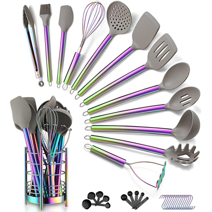38-ти елементний набір кухонного посуду з силікону з підставкою для інструментів, силіконовими головками та нержавіючою сталею, кухонні аксесуари, набір посуду (сріблястий) (4. Райдуга + посудини для інструментів)