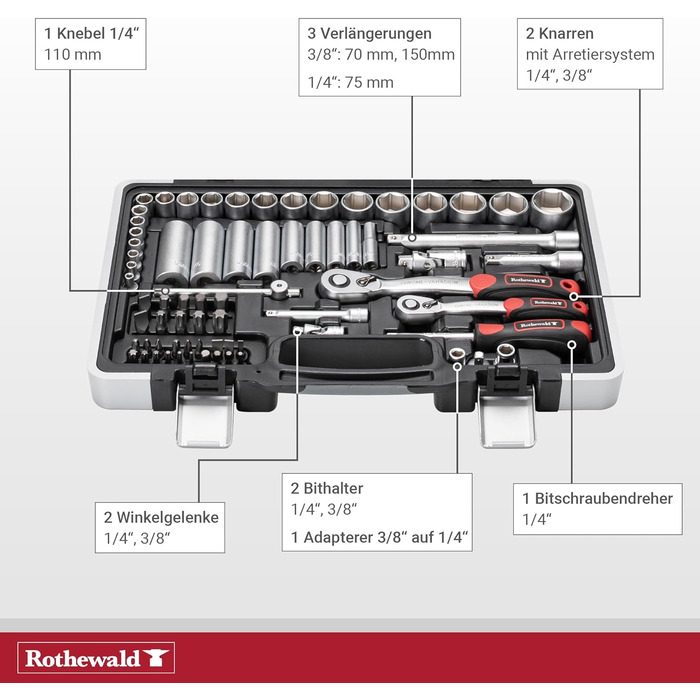 Набір інструментів Zoll 92 частини, з висувними бітотримачами для дюймових біт, тріскачкою з дрібним зубом, сталь Cr-V сіро-червоний