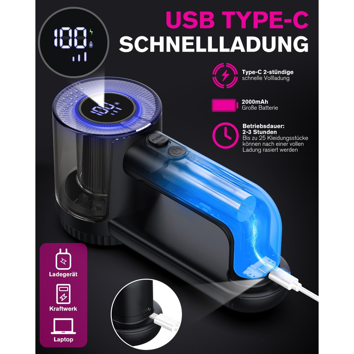 Електричний видальник ворсу Homtronics з USB-зарядкою, LED-дисплеєм та 6-ма лезами для одягу, диванів та килимів, чорний