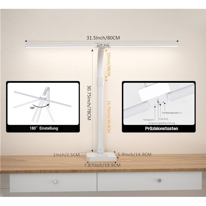 LED настільна лампа LOTTBUTY з диммуванням, 24W, 80см, для офісу та дому, з гнушим шийкою та тримачем для телефону (біла)