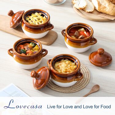Миски для цибулевого супу LOVECASA, горщики для французького цибулевого супу, набір мисок для цибулевого супу з 4 шт. , миски для супу 780 мл з ручками Супові миски з кришками для супу для цибулевого супу, рагу, запіканки