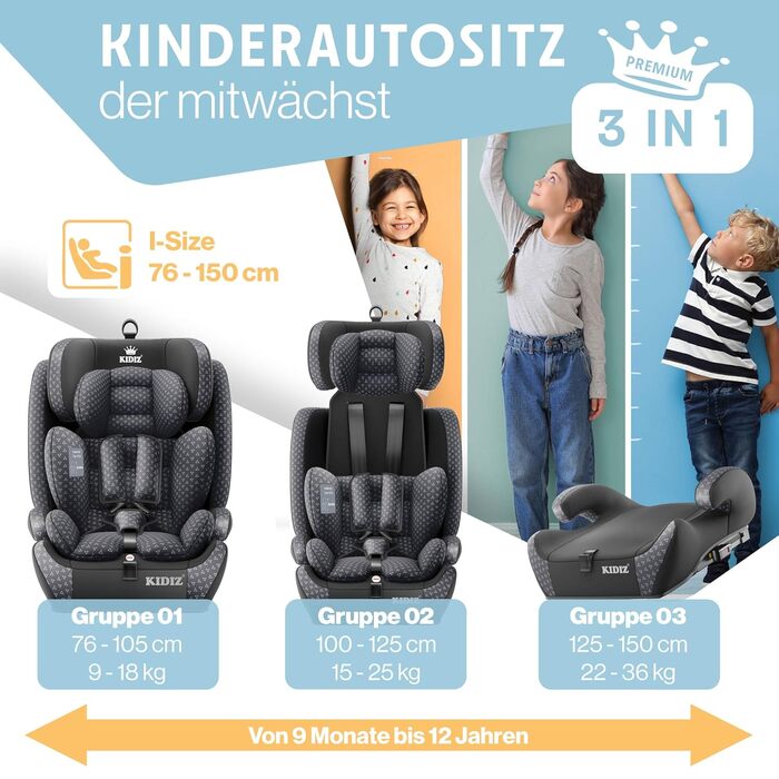 Автокрісло KIDIZ® Triangle Premium: 9-36 кг, 1-12 років, група 1/2/3, Isofix, ECE R129/03, антрацит