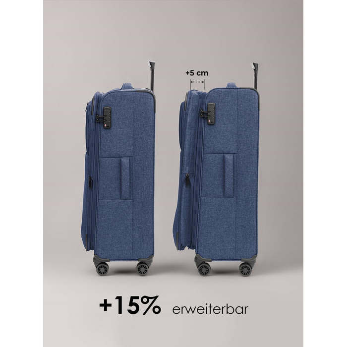 Набір валіз REDOLZ 3 шт. для жінок та чоловіків | Легкі та міцні валізи-ролики, якісний софт-кейс, 4 подвійні колеса, TSA-замок, розширювані | Blue, L (79 см)