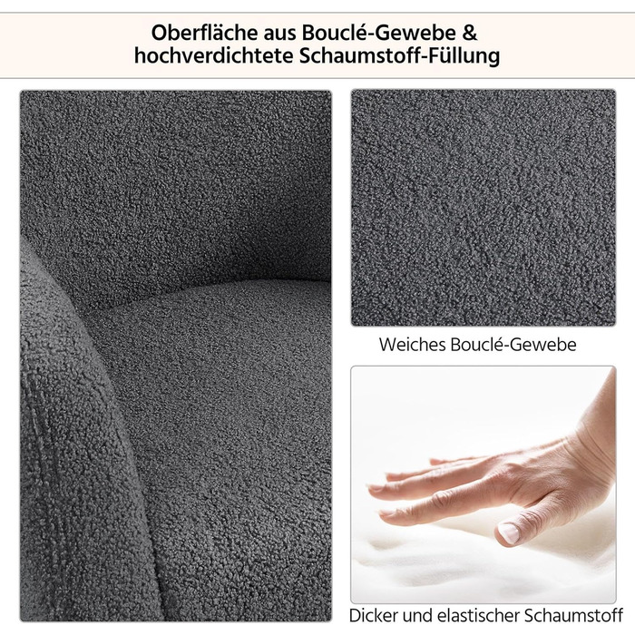 Крісло Yaheetech з тканини букле, крісло-релакс з регульованою спинкою та металевими ніжками, біле (темно-сіре)