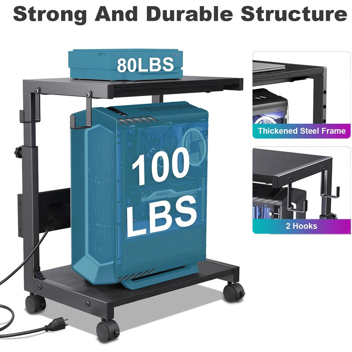 Регульована підставка для комп'ютера Tower, чорна, 44x30x44-59.5 см з ATX корпусом та місцем для зберігання