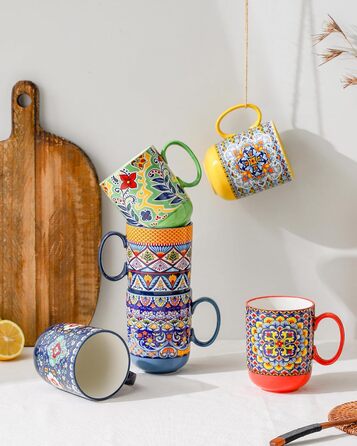 Набір чашок для капучино HENXFEN: 6 чашок з порцеляни, 600 мл, з ручкою, для кави, чаю, молока, богемний стиль