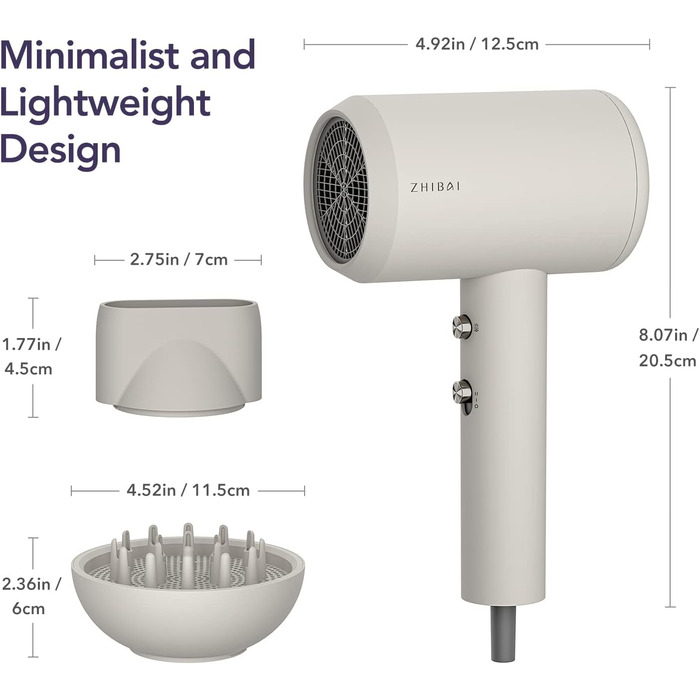Фен для волосся з іоном, професійний фен ZHIBAI з 2 температурними режимами, 1 дифузором і 1 насадкою для укладання, фен з негативною іонністю для жінок, дітей, дому, подорожей, салону бежевого