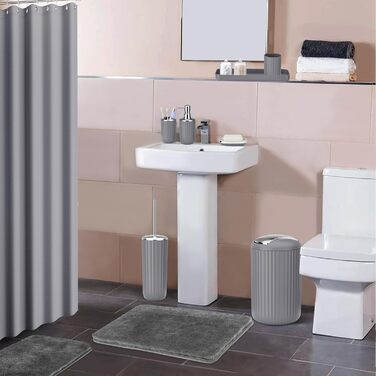 Набір аксесуарів для ванної кімнати 9 шт. Чорний та золотий (Мülleimer, тумбочка, дозатор мила, мильниця, тримач зубної щітки, стакан для щіток, WC-щітка, тримач ватних паличок) + Шторка для душу + Килимок для ванної (Сірий)