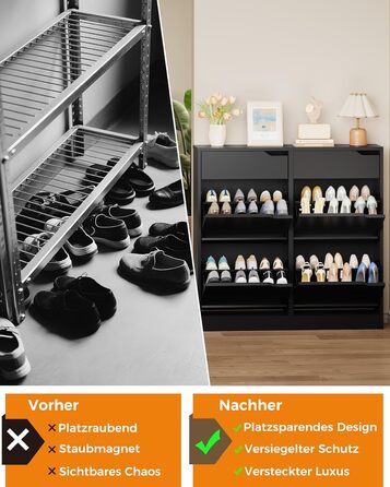 Шкаф для взуття IRONCK з 4 дверцятами, вузький, з 2 висувними ящиками, окремо стоячий, з регульованими перегородками, для передпокою, входу та вітальні (Білий) Білий (100x23.5x98см, Чорний)