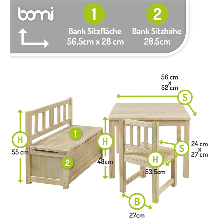 Дитячий меблевий набір Bomi Anna: стіл, 2 стільці та лавка-сховище | Меблі для дитячої кімнати з FSC сертифікованого дерева | Білий (натуральний)