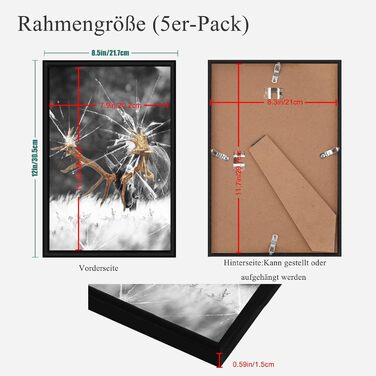 Рамка для фото 5 шт. A4 чорна, з плексигласом, для встановлення та підвішування | Фоторамки Schwarz 21x29.7 см