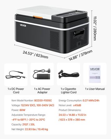 Автомобільний холодильник VEVOR 20л з Wi-Fi, 12/24В DC та 100-240В AC: портативний компресорний автохолодильник для кемпінгу, подорожей, риболовлі