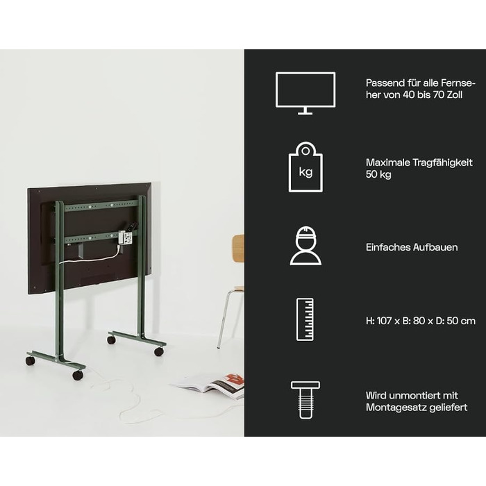 Підставка для телевізора на колесах, 40-70 дюймів | Мобільна підставка для ТВ | Сірий/Mossy Green