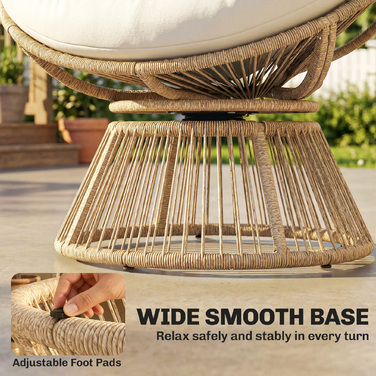 Крісло-папасан 360° обертове, плетене з ротангу з подушкою, сталевий каркас, кругле, кремово-біле лаунж-крісло