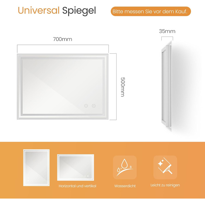 Дзеркало для ванної кімнати EMKE з підсвіткою 50x60 см, антизапар, холодне біле світло, диммування, сенсорне управління, функція пам'яті, автоматичне вимкнення на 3 години, IP44, енергозберігаюче (70x50 см)