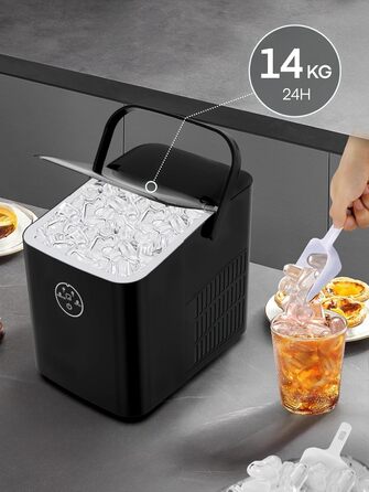 Льодогенератор Fohere 14 кг/24 год, швидке виробництво льоду (5 хв), 2 розміри кулеподібного льоду, самоочищення, з ручкою, лопаткою та кошиком для вечірок, офісу, кемпінгу - Чорний