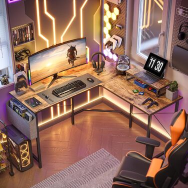 Ігровий стіл CubiCubi L-подібної форми 150x120 см з підставкою для монітора та кишенькою для зберігання, вінтажний коричневий