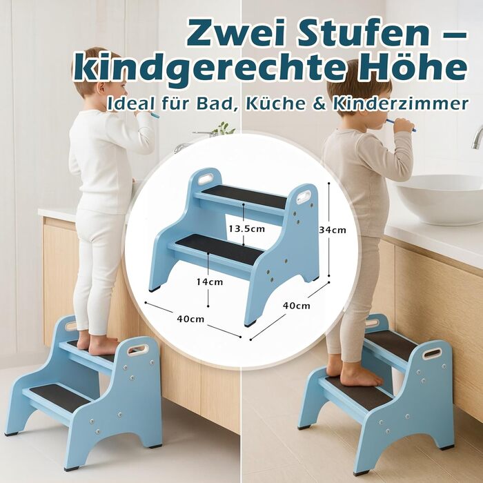 Дерев'яний трисходовий стільчик для дітей Tritthocker – безпечний, з антиковзним покриттям, для ванної та кухні, скандинавський дизайн, колір: натуральний (блакитний)