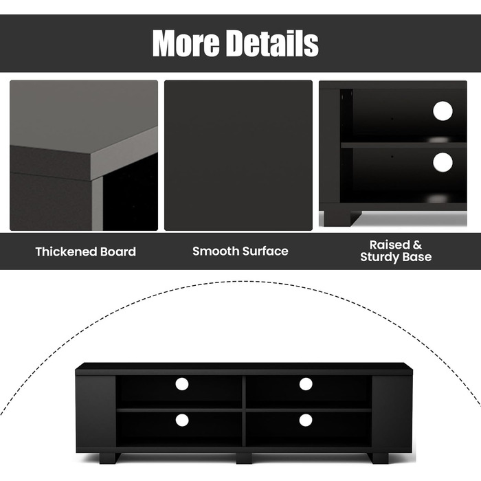 Тумба під телевізори до 65 дюймів, нижня дошка з регульованими полицями, дерев'яна тумба під телевізор з 4 відкритими відділеннями, тумба під телевізор 150 x 39 x 45 см (Чорний)