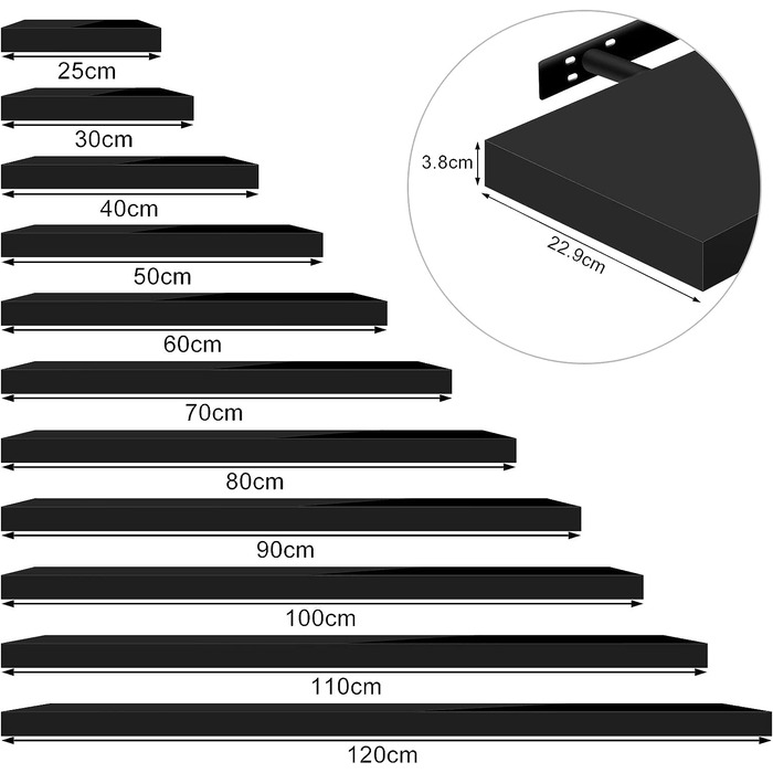 Полиця настінна WOLTU Volato набір 2 шт, плаваюча, для CD, DVD, книг, дерево, глянцева, 110x22.9x3.8 см, чорна (RG9483ws-2)