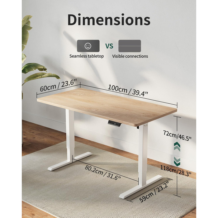 FEZIBO Стол письмовий регульований по висоті, 100 x 60 см, з USB-портами, для дому/офісу, стоячий, з масивом дуба