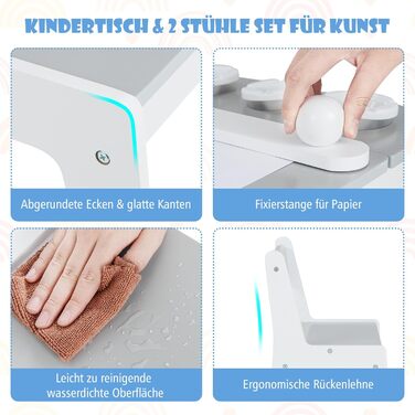 Дитячий стіл COSTWAY 3 в 1 з 2 стільцями, активний стіл-мольберт з підйомною стільницею, набір кольорів, 6 тканинних контейнерів та рулон паперу, сірий, 109x60x55 см