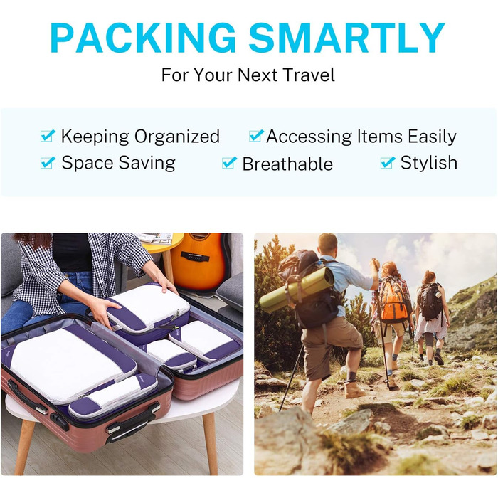 Набір компресійних органайзерів для одягу в подорожі Gonex, 6 предметів, фіолетовий — міцні органайзери для валізи та зберігання речей