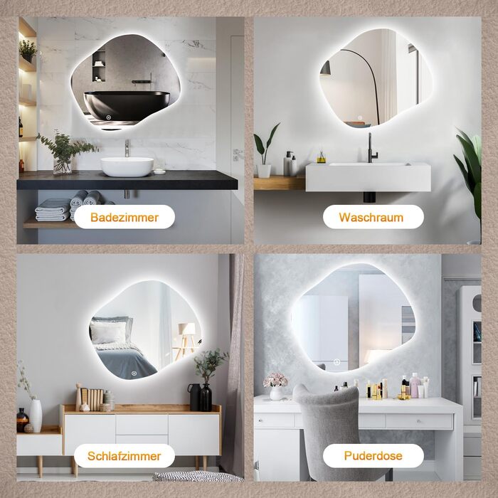 Асиметричне дзеркало для ванної кімнати Boromal з підсвічуванням 80x80 см LED, сенсорний вимикач, 3 кольори світла, регулювання яскравості