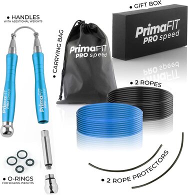 Скакалка PrimaFIT для дорослих, професійна Скакалка для фітнесу, 3 м, Регульована по вазі, 2 шарикопідшипника і протиковзкі ручки, професійний Скакалка для боксу, ММА, кроссфіта, додатковий сталевий канат, сумка світло-синього кольору