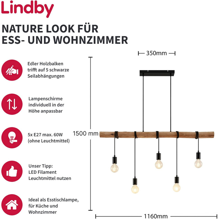 Підвісний світильник для обіднього столу Lindby, дерев'яний брус, металевий, 5 шт. E27, макс. 60 Вт, без лампочки