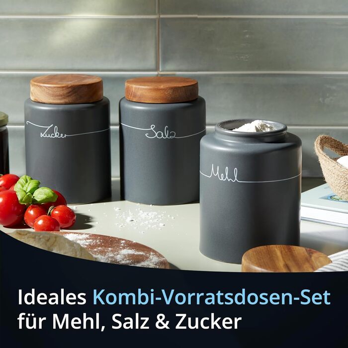 Набір контейнерів для картоплі, цибулі та часнику KHG, 3 шт., кераміка, бамбукові кришки, сірий антрацит, об'єм 3 л та 1,5 л (для борошна, солі, цукру)