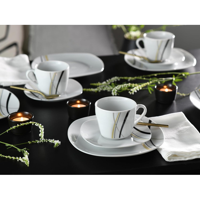 CreaTable Серія Square City Line: 18-частинний набір посуду на 6 осіб, кавовий сервіз з порцеляни, придатний для миття в посудомийній машині та використання в мікрохвильовій печі, преміум-якість