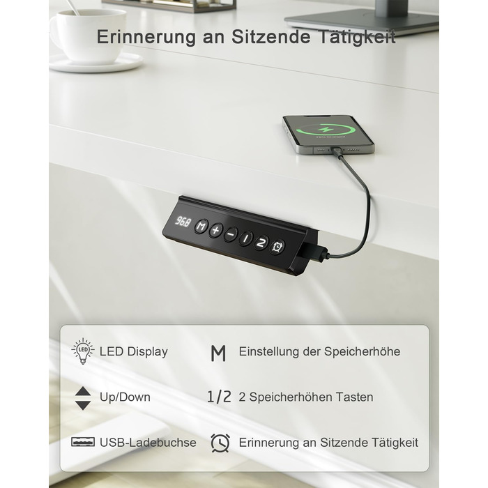 Електричний стіл JUMMICO 100x60 см з USB-зарядкою, білий - регульована висота, для офісу та дому