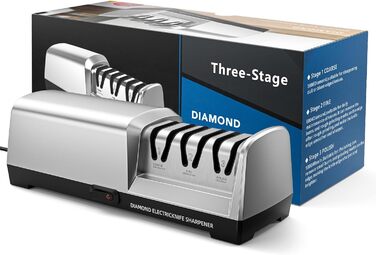 Електричний точильний верстат для ножів MusyVocay з алмазним покриттям, професійний 3-ступеневий, кухонний точило з регулюванням кута 20 градусів для грубого заточування та ремонту, срібний