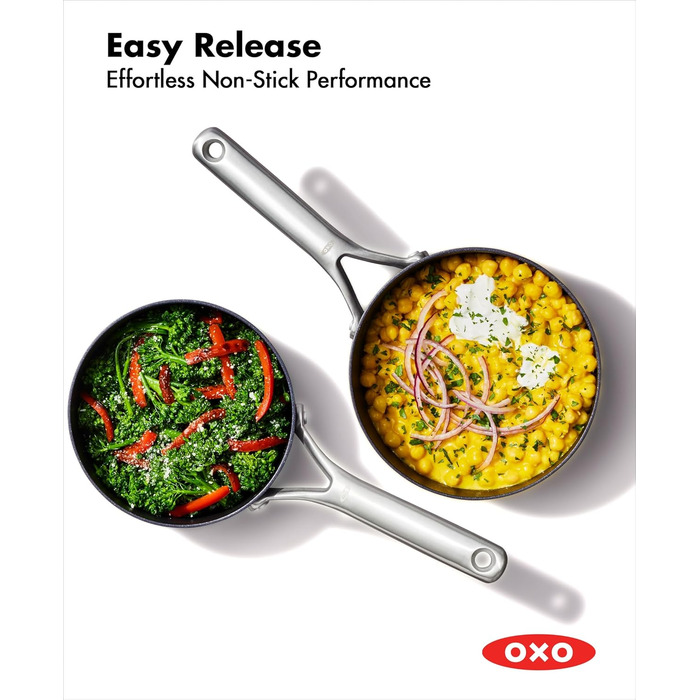 Набір каструль OXO Professionelles з кришкою, керамічне антипригарне покриття, індукційні, нержавіюча сталь, діамантова обробка, безпечні для здоров'я, для посудомийної машини, для духовки, 1.7QT та 2.3QT, чорний