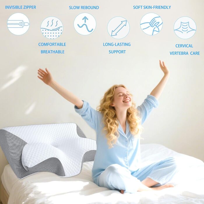 Ортопедична подушка для шиї Tbintul з Memory Foam, ергономічна подушка для сну, зменшує біль у шиї, для тих, хто спить на боці, спині та животі, покращує якість сну, чорний/білий колір