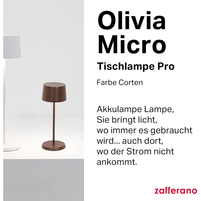 Zafferano Olivia Micro - Бездротова LED-лампа настільна з торшетом, для дому та саду, сенсорне керування, 2200-3000K, 20 см, Corten