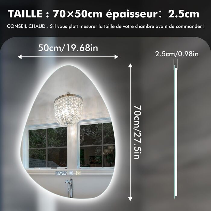 Дзеркало для ванної кімнати Worshow з підсвіткою 50x70 см: LED, регулювання яскравості, протитуманне покриття, 3 режими, таймер, пам'ять, сенсорне управління