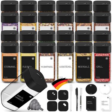 Набір контейнерів для спецій Miorkly - 24 шт. з чорними кришками з нержавіючої сталі, 120 мл, з ситечком, високоякісні, скляний органайзер з воронкою, етикетками та ручкою