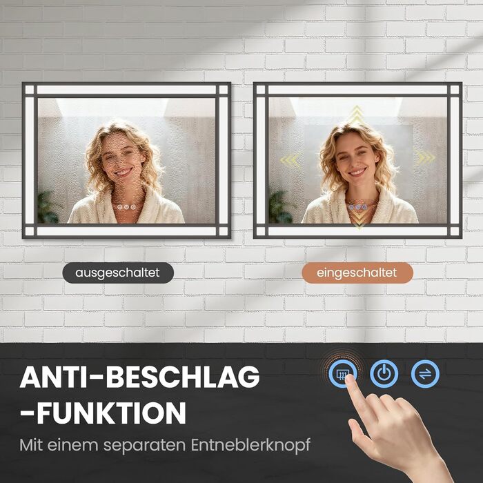 Дзеркало для ванної кімнати AQUABATOS LED з підсвічуванням 50x70 см, імітація вікна, сенсорне регулювання, регулювання яскравості, холодний білий, протизапотівання, чорний алюмінієвий каркас, декор у індустріальному стилі