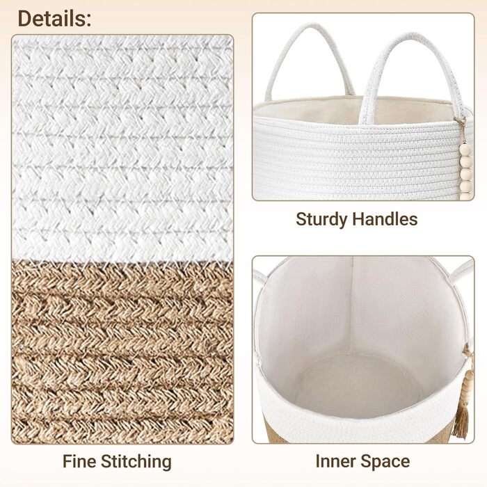 Кошик для білизни Mkono з натурального сизалю, плетений декоративний кошик для зберігання речей, жовто-білий, 40.6 x 35 см